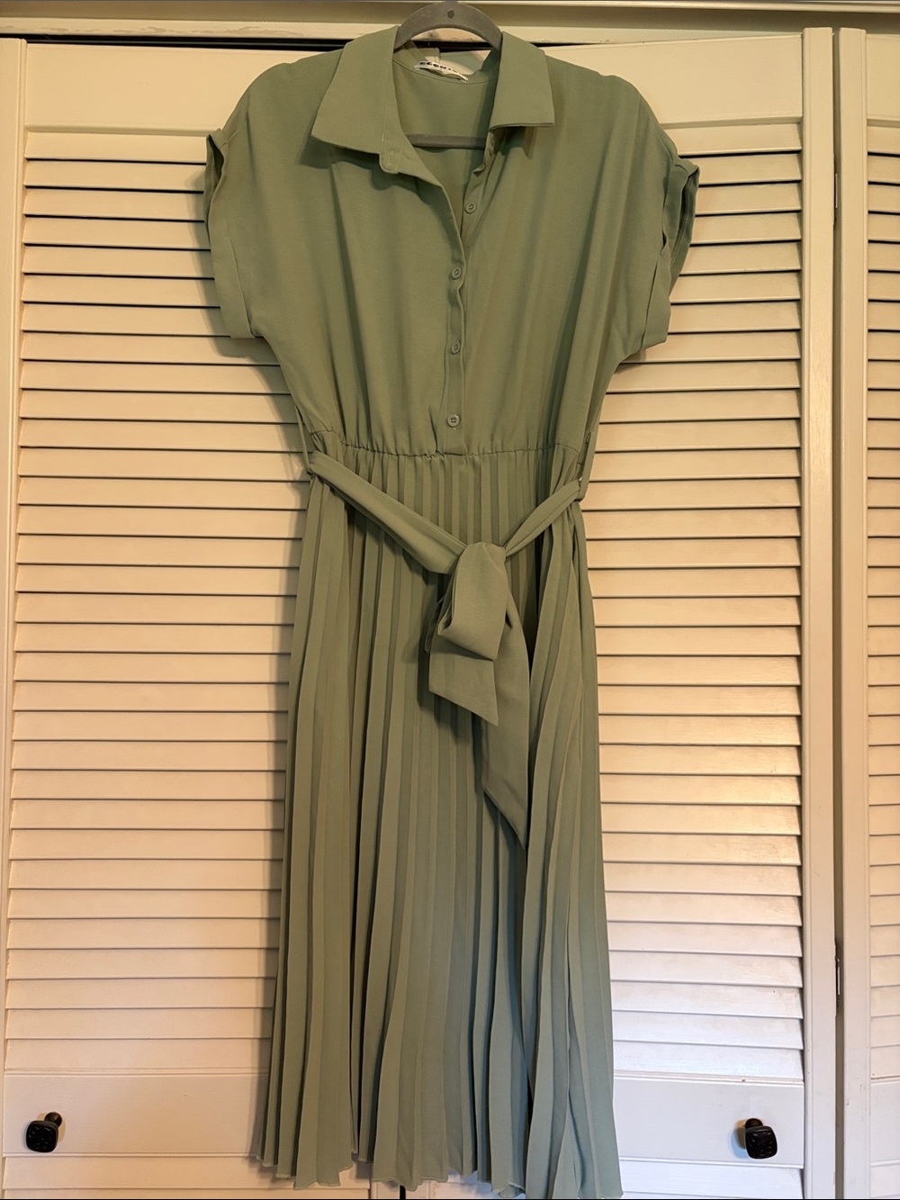 Pleated Shirt Dress with Waist Tie in Sage Green